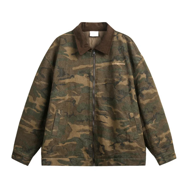 Contrast Collar Workwear Camo Jacket Men Oversize Vintage Camouflage Pattern Loose Coat 100% Cotton