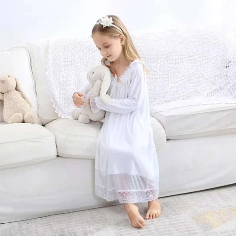 Girls Nightgown Kids French Court Tulle Pajamas Children\'s Sleepwear White Nightdress 2024 Spring Autumn Cotton Lace Nightwear