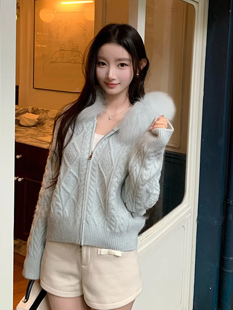 2026 New Women Spring Autumn Real Fox Fur Collar Hooded Cardigan Knitted Sweater Female Jacket Outerwear Cardigan Coat