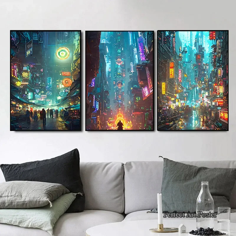 Neon Cyberpunk Future City Street Canvas Poster Aesthetics Anime Hot Classic Car Art Living Room Wall Decoration Picture NO LED