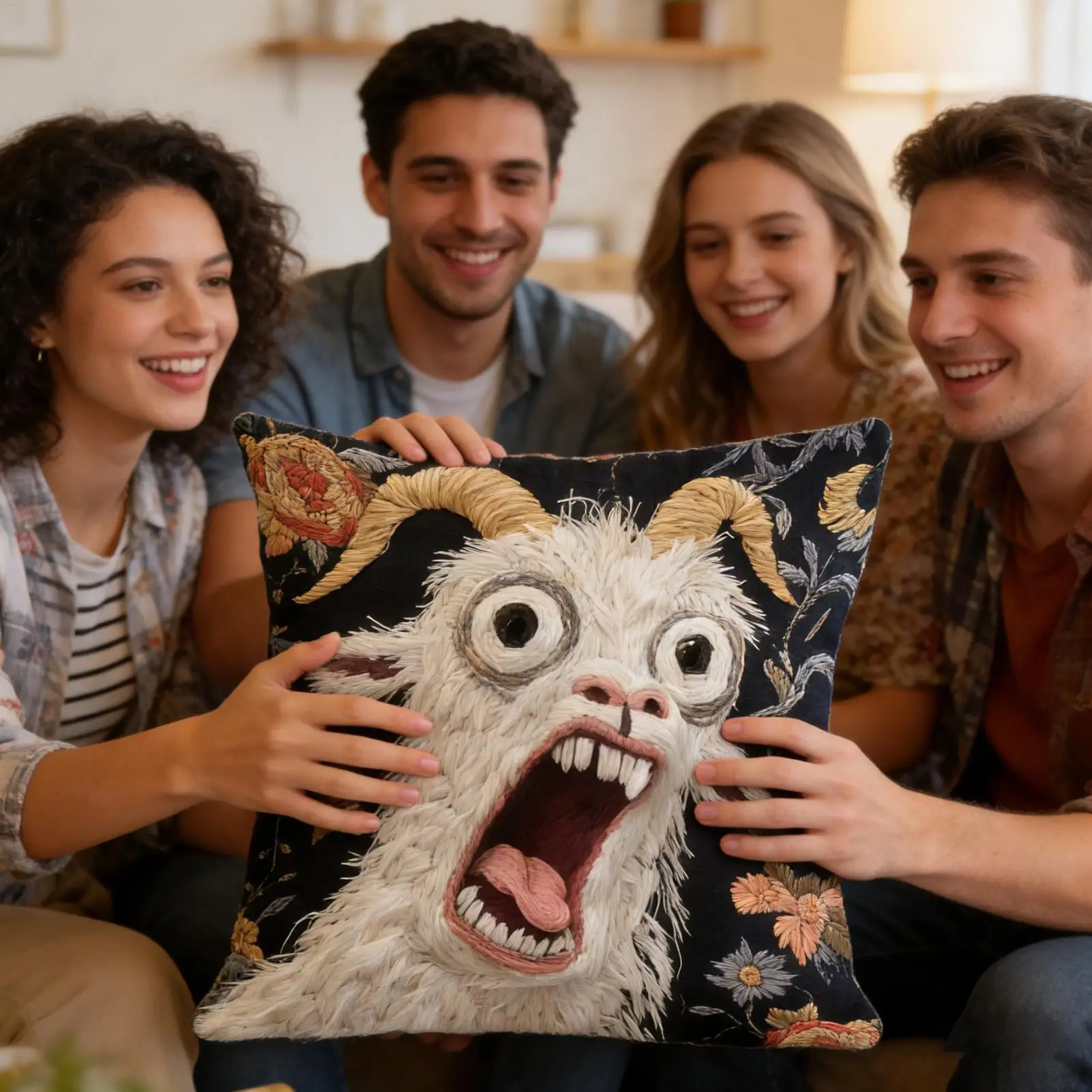 Screaming Goat Pillow Cover 2D Printing Imitation Embroidery Short Plush Cushion Cover 45x45cm Pillow Cover For Home Sofa