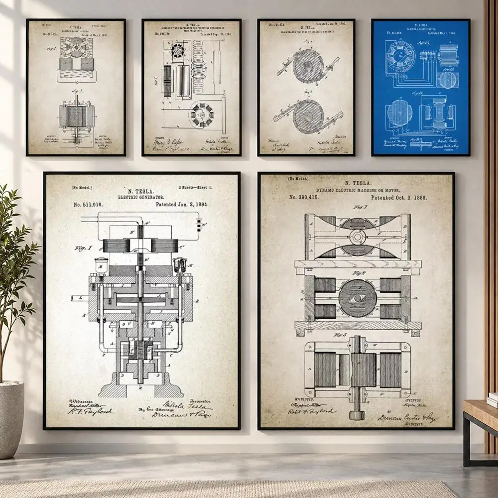 Nikola Tesla Motor Patent Blueprint Poster HD art sticky wall waterproof home living room bedroom bar aesthetic decoration