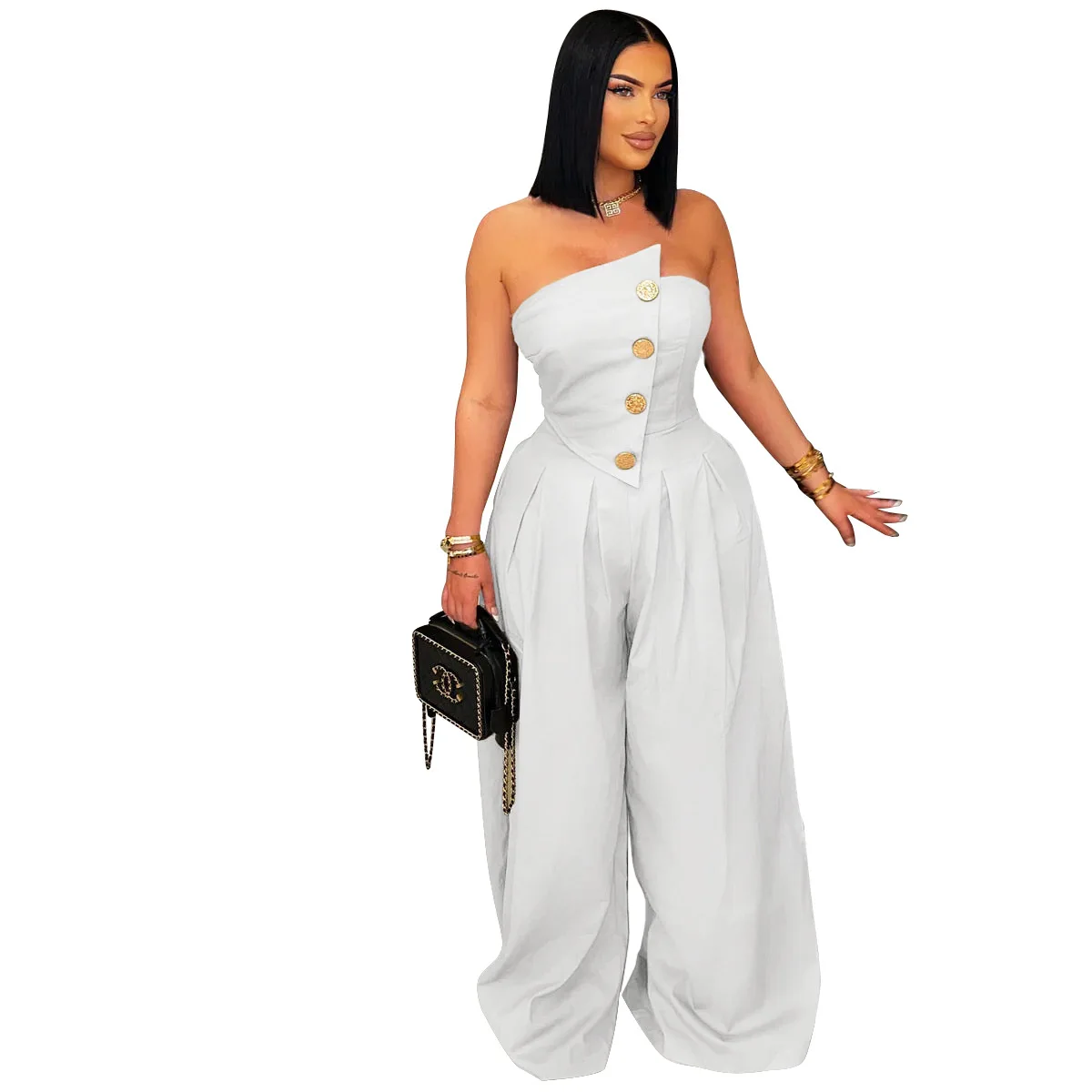 EINY Chic Fashion Women Button Splicing Strapless Wide Leg Jumpsuits 2025 Summer Sexy Party Club One Piece Suit Rompers Playsuit