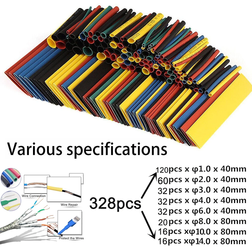 328Pcs Schrumpf Schläuche Rohr Sortiment Sleeving Wrap Rohre Kabel Draht Stecker 8 Größen 5 Farbe Polyolefin 2:1 Halogen-freies