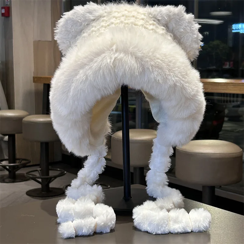 Cute Bear Plush Hat Women Winter Thickened Warm Face Small Ear Hat Sweet Versatile Cold Proof Lei Feng Hat Outdoor Cozy Soft
