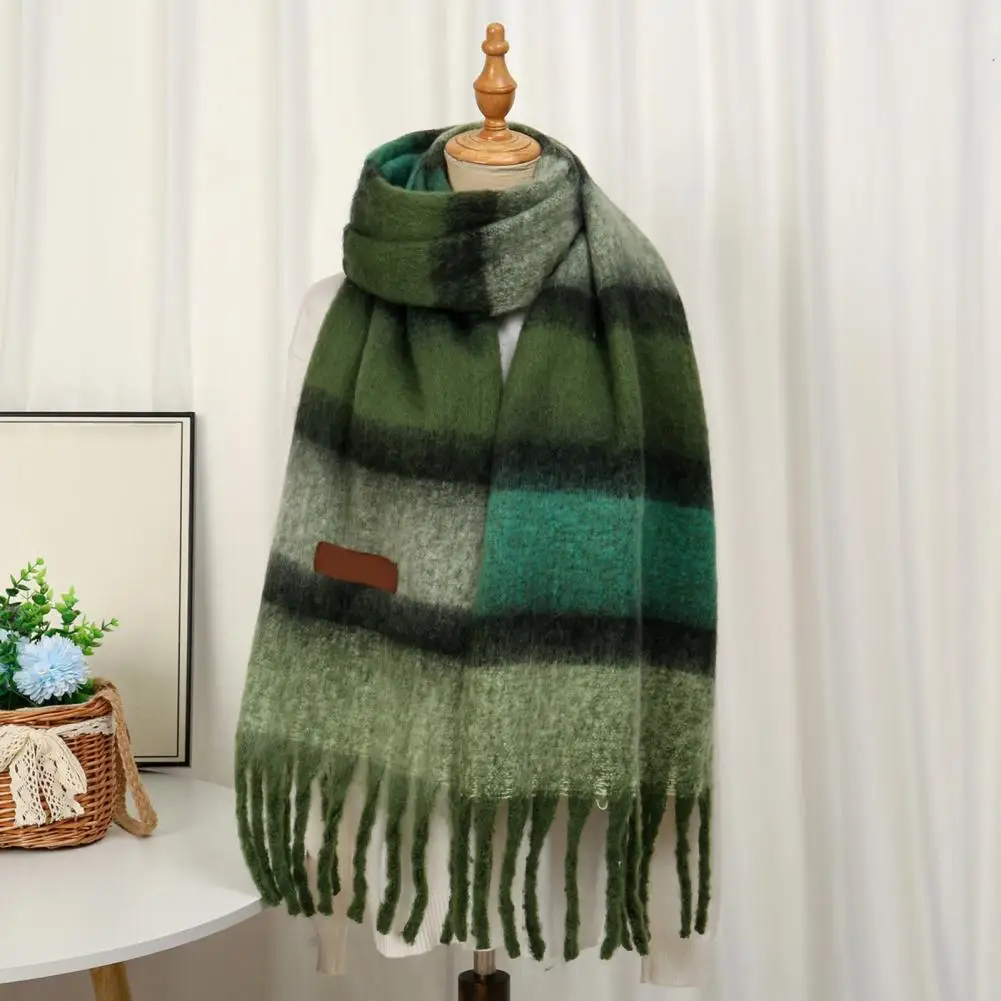 Women's Mohair Winter Scarf Cashmere Feel Tassel Scarf Colorful Striped Long Scarf Winter Shawls Wraps Cold Weather Shawl