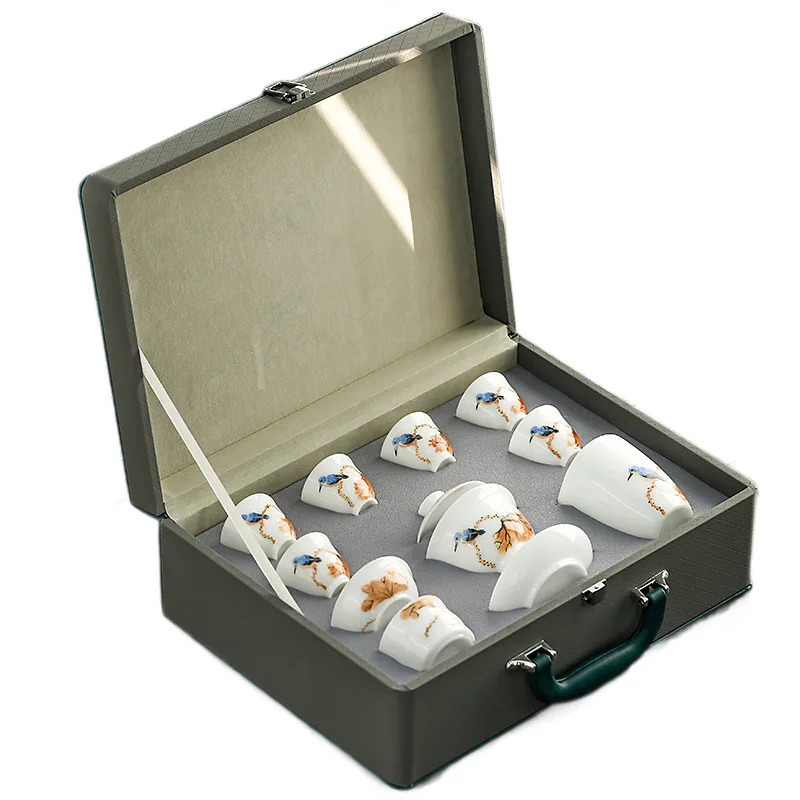 White porcelain tea set, hand-painted bird kung fu tea cup gift box, household light luxury souvenir