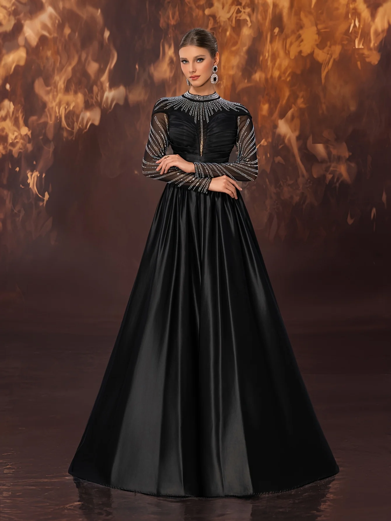 

Elegant Party Dress 2025, Long Sleeves Luxurious Evening Gown with Satin & Rhinestones for Wedding Guest, Prom & Formal Events