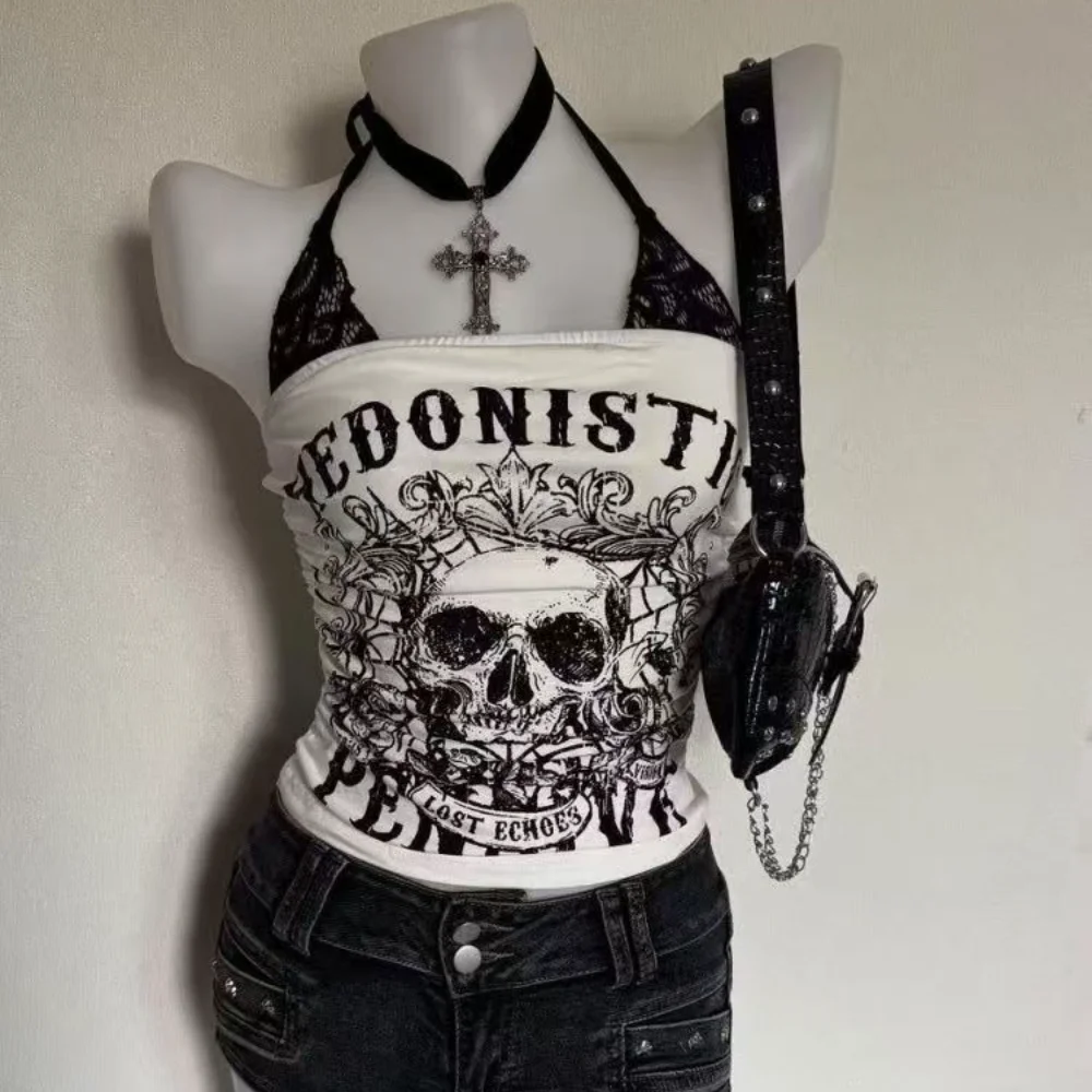 Y2K Hot Girl Skull Head Necklace Vest Women's Summer American Retro Print Short Top Slimming Strap Blue Dijiao Cotton Blend