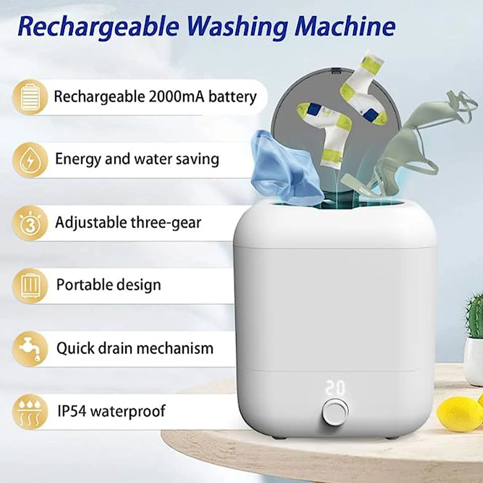 Type C Mini Washing Machine ABS USB Rechargeable Small 3 Gears Portable Washer with Timing Function for Apartment Dorm RV