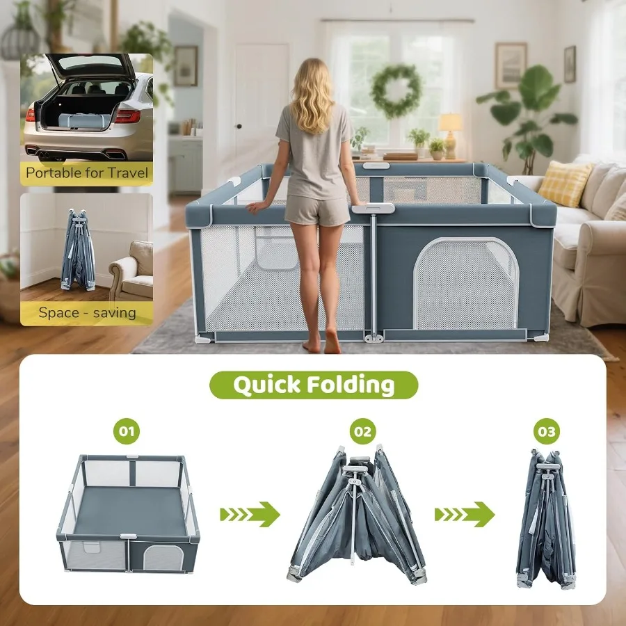 Foldable Baby Playpen - 71"×79" Collapsible Play Pen for Babies and Toddlers - Indoor Outdoor Travel Playpen - Sturdy with Mesh