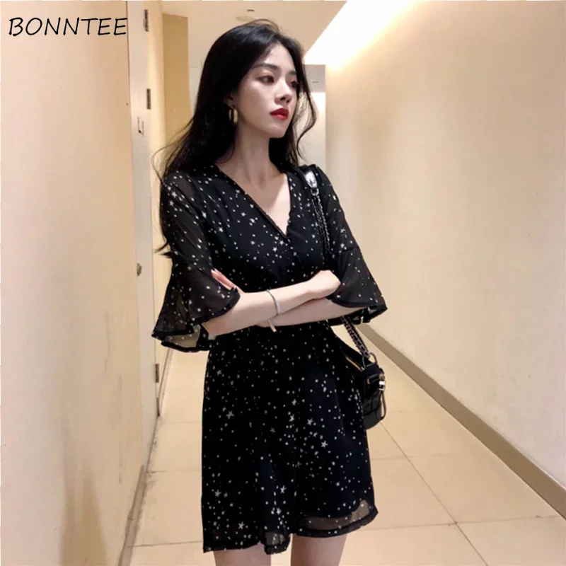 

Rompers Women Popular Black Star-printed Elegant Fashion Butterfly-sleeve V-neck Chiffon Mini Streetwear Holiday Female Summer