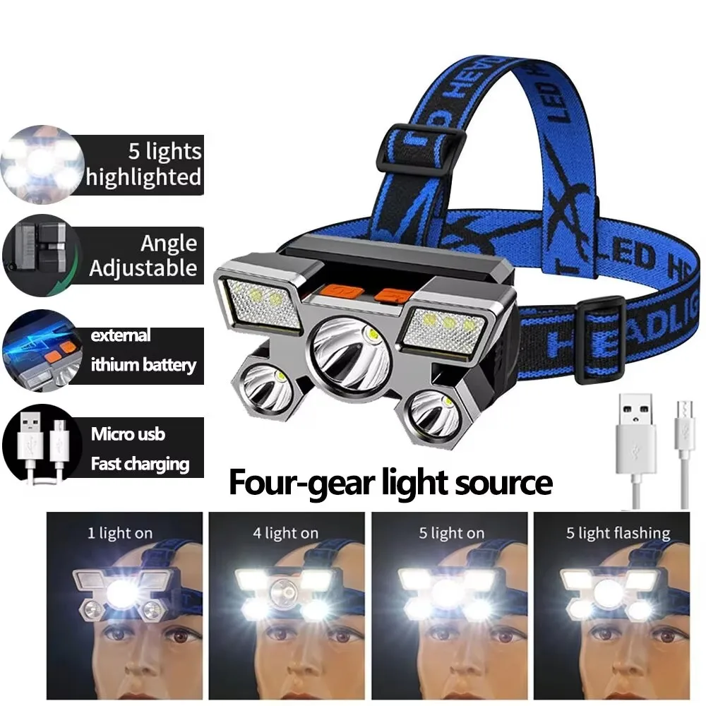 Camping Headlight Led Night Fishing Usb Rechargeable Head-mounted Small Flashlight Outdoor Strong Light Long-range Headlight