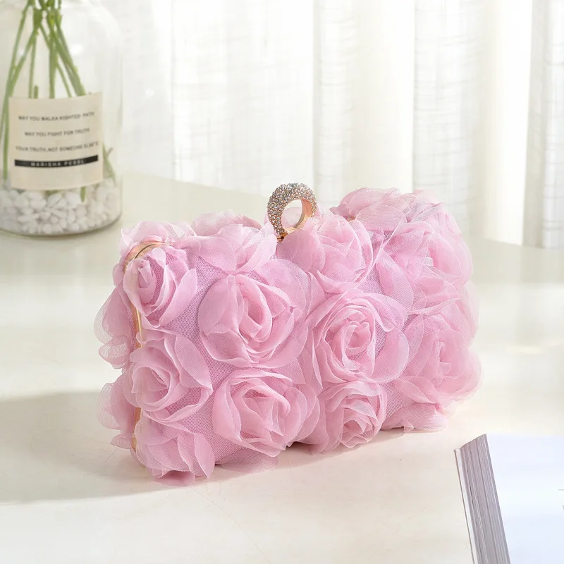 New in 3D Flower Handbags Elegant Women Pink Rose Knuckbox Clutch Rhinestone Ring Wedding Purse Pure Color Sac A Main Femme