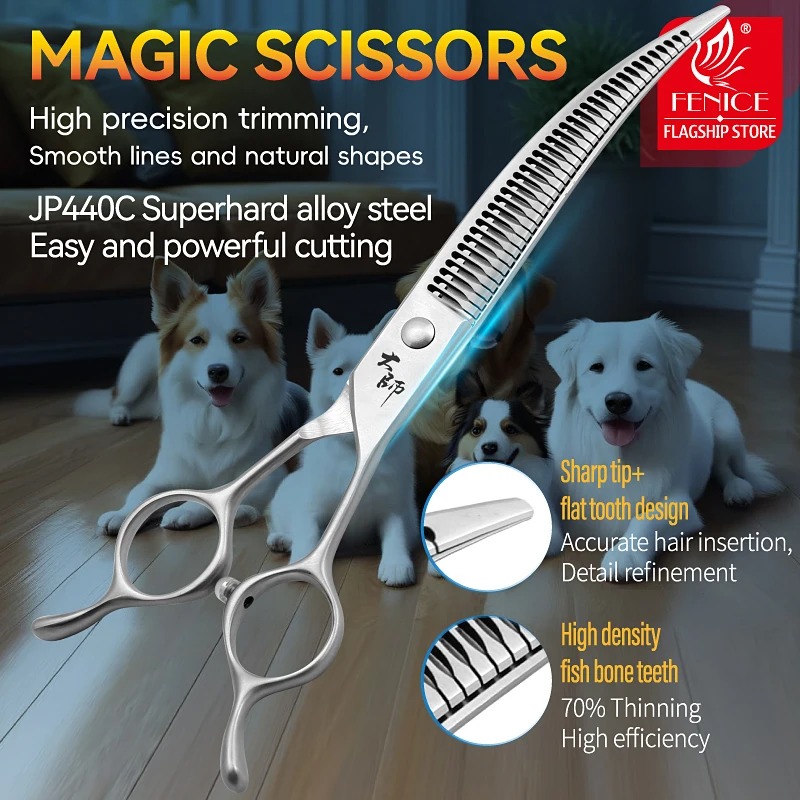 

Fenice 7 Inch Pet Grooming Magic Scissors Trimming and Hairdressing Dogs Beauty Curved Chunker Shears JP440C Steel 70% Rate