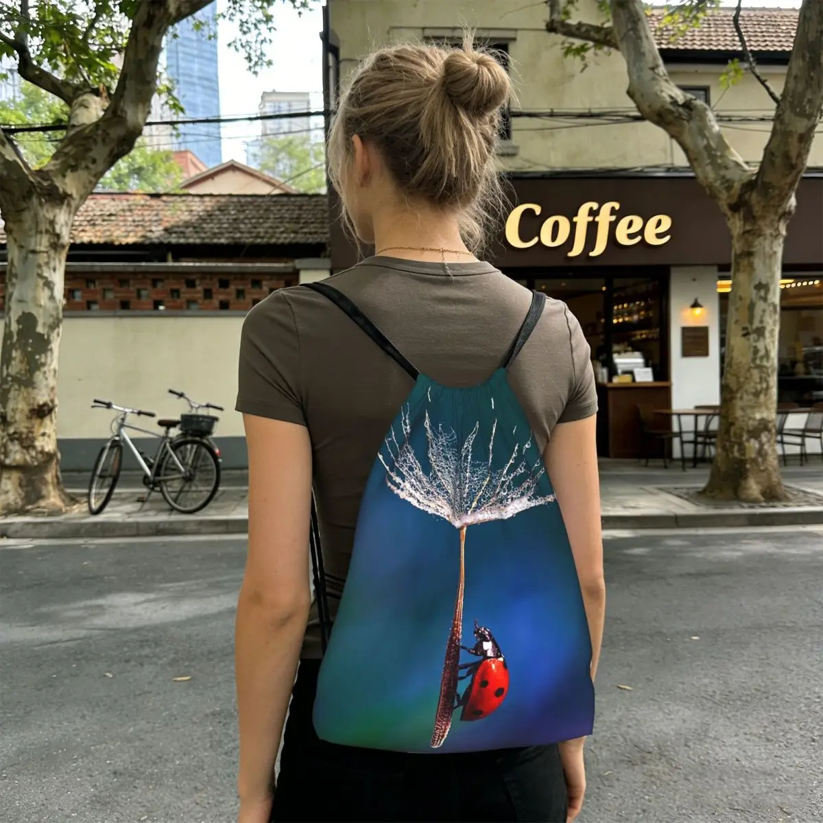 Cute Ladybug With Dandelion Design Backpacks Casual Drawstring Bags Sports Bag Book Bags for Man Woman School