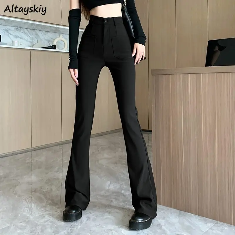 

Flare Pants Women Spring Full Length High Waist Black Korean Fashion Simple Vintage Slim Pockets Stretchy Cotton Soft Breathable