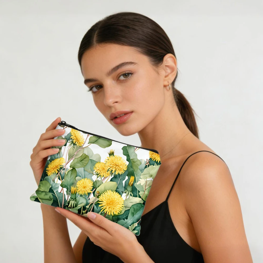 Dandelion Flowers Green Leaves White Background Makeup Bags for Women's Cosmetic Pouch Toiletry Bag Pencil Case Travel Storage