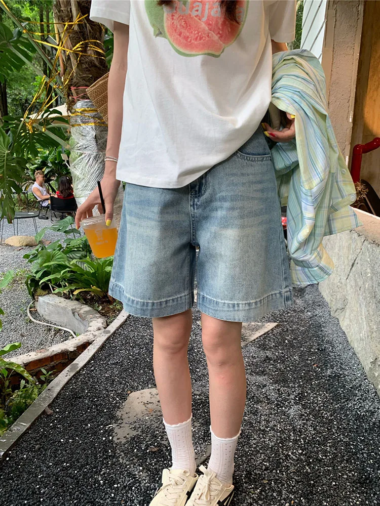 

Светло-голубые женские джинсы с высокой талией и широкими штанинами, летние, тонкие, свободные, больших размеров, прямого кроя, повседневные брюки-капри