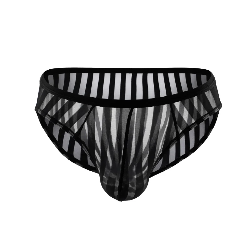 Men\'s Sexy Panties Striped Mesh See-Through Underwear Ultrathin Transparent Briefs U Convex Pouch Lingerie Underpants Tanga Slip