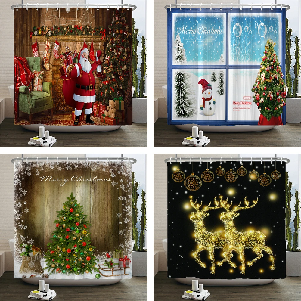 

Merry Christmas Shower Curtain Santa Claus Shower Curtain Modern Happy New Year Bath Waterproof Curtains Home Decor With Hooks