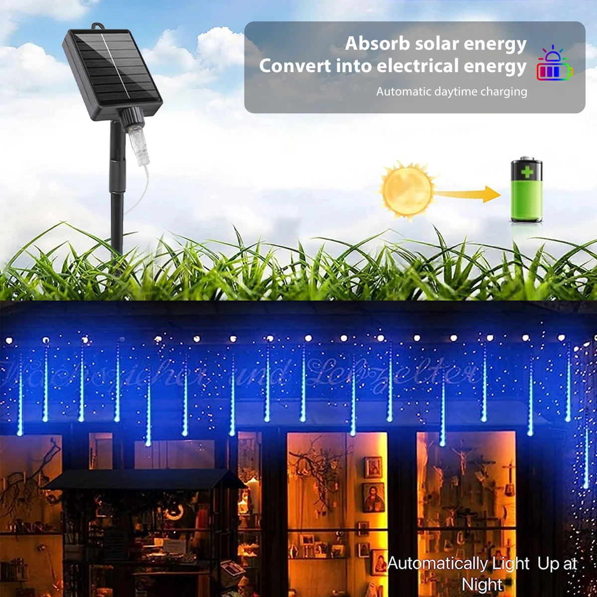 Solar Meteor Shower String Lights Outdoor Indoor Waterproof Hanging LED Decoration Lights for Tree Party Garden Holiday Lighting