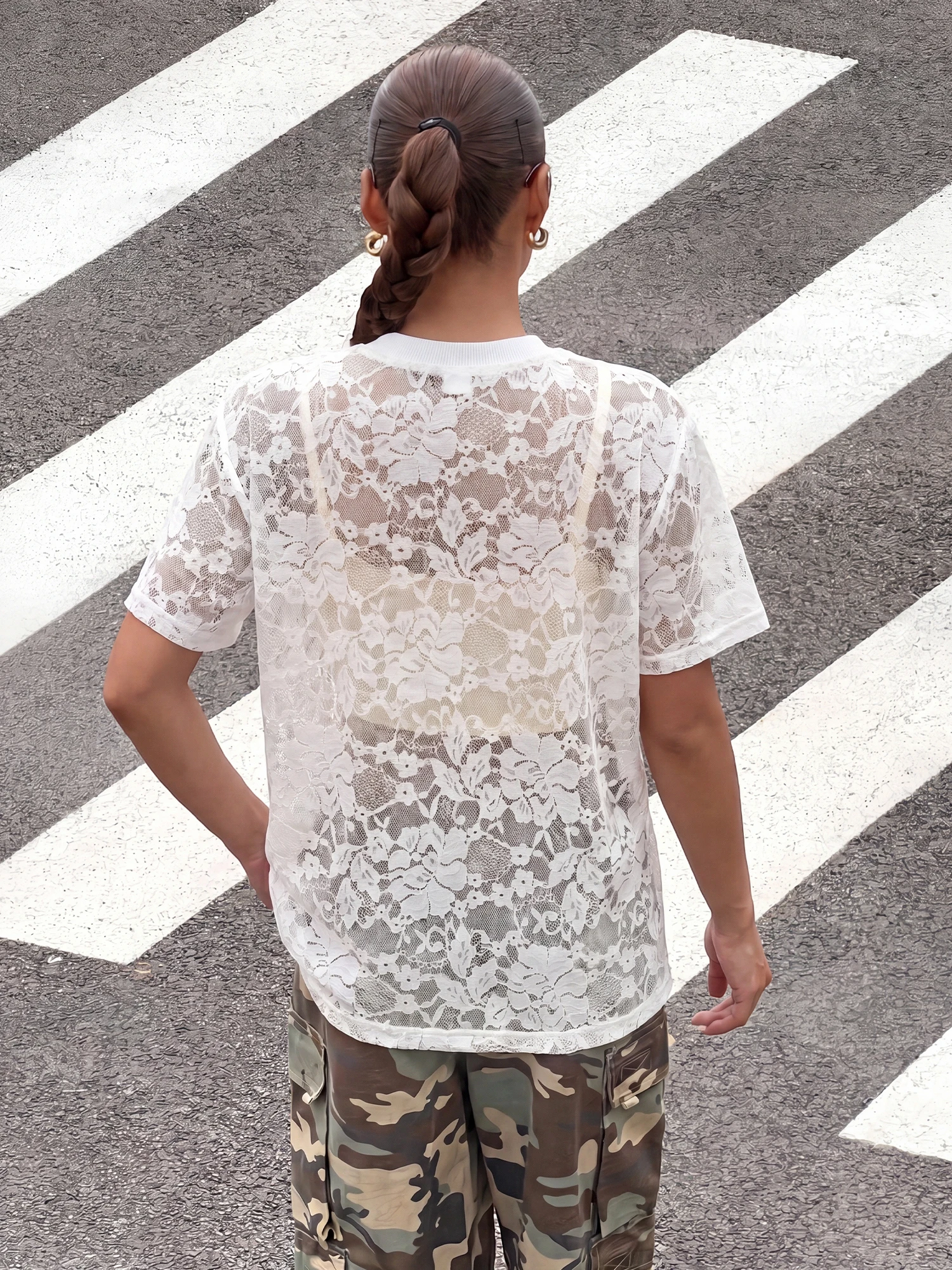 Y2K Hottie Women Floral Lace Mesh Short Sleeve Top Round Neck See Through Sheer Tshirt Summer Street Outfit