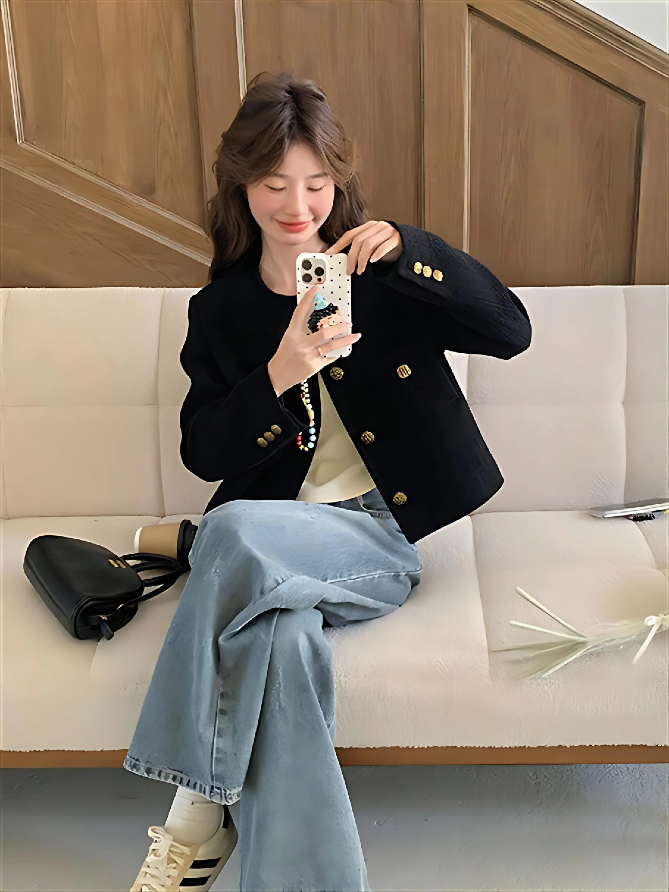 Tweed Jacket Dark Blue For Girl Womens Winter Stylish Fashionable Trending Seamless Puff Retro Bomber Racer Wicking Stereoscopic - view 3