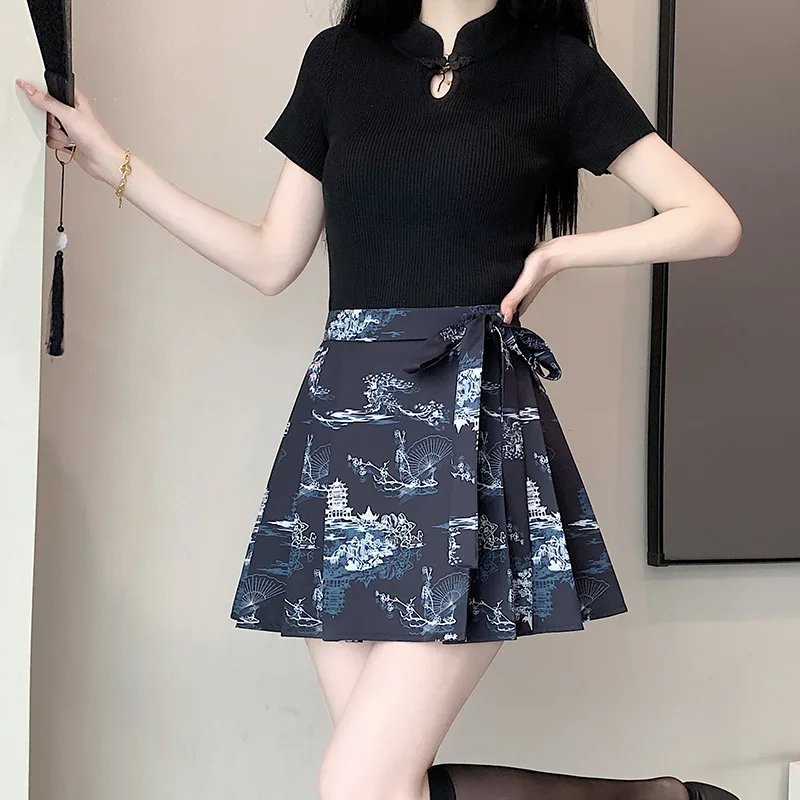 Summer New Chinese Style Improved Version Of Short Horse Face Skirt For Women With Black Embroidery Small Stature Pleated Short