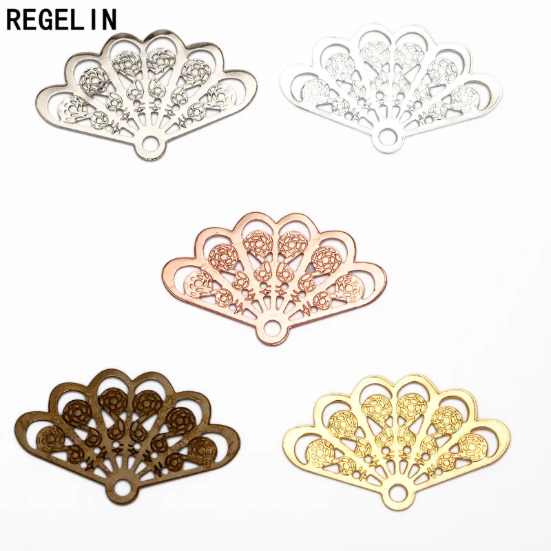 REGELIN 20pcs/lot Vintage Style 6 Colors Copper Fan Shape Filigree Hollow Charms Jewelry accessories DIY Components 14*23mm
