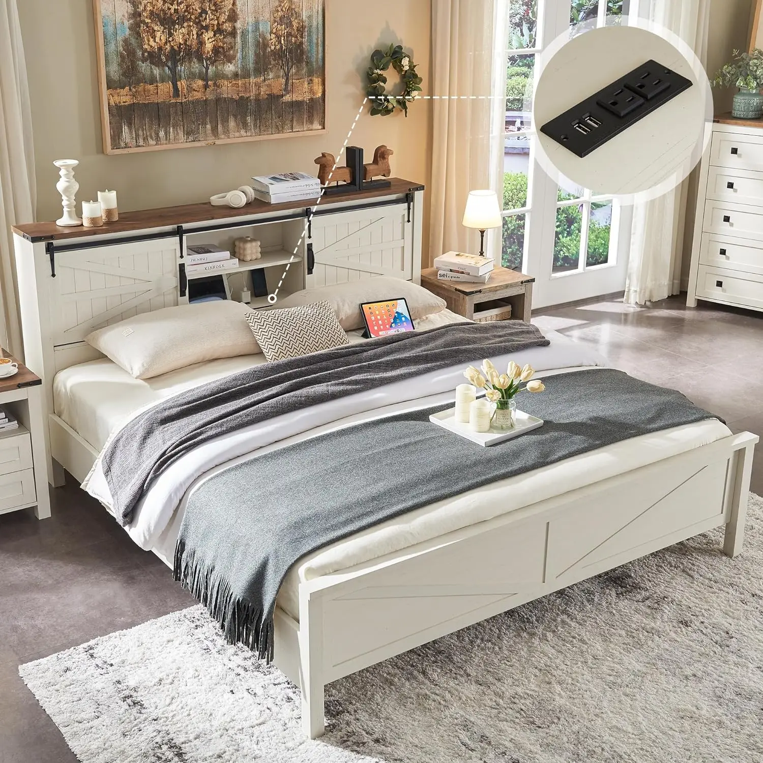 Cama Queen Size Quadro com Estante De Armazenamento Cabeceira, Deslizante Porta De Celeiro, Estação De Carregamento, Plataforma De Madeira Rústica Cama