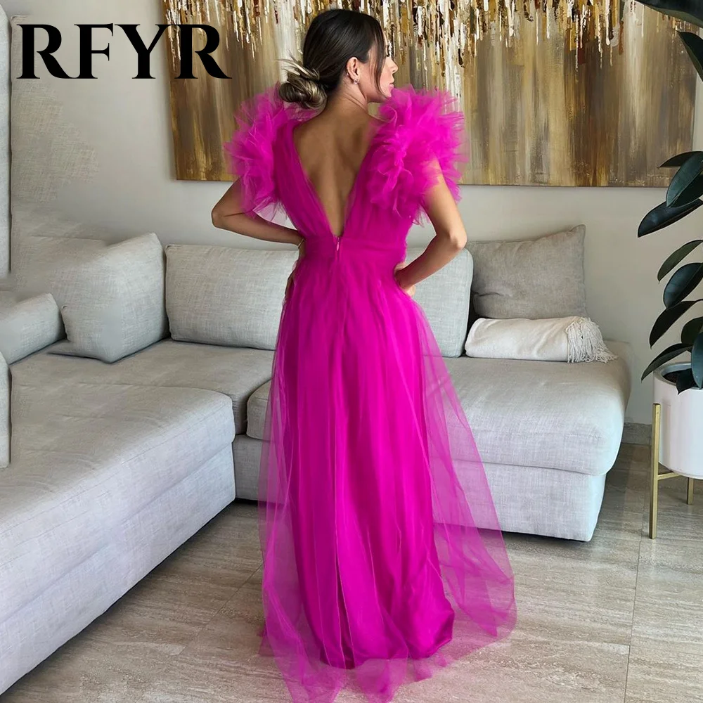 RFYR Fuchsia Exquisite A-line Evening Dresses Tank Pleats V-Neck Prom Dress with Side Split Morden Vestidos De Fiesta Customized