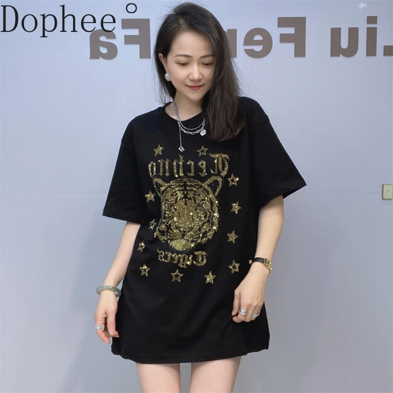 

Oversize Top Women O-neck Short Sleeve T-shirt 2025 New Summer Tight Hot Drilling Loose Cotton Tees Mid-long Casual Female Tops