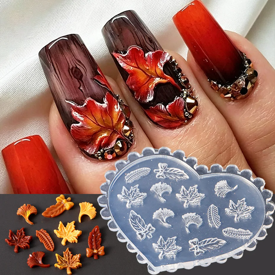 Fall Leaf 3D Nail Silicone Nail Carving Mold Maple Ginkgo Autumn Nail Decoration Nail Print Stencils DIY Manicure Mold Tools
