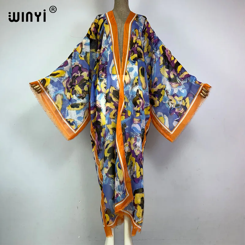 WINYI-vestido de quimono longo para mulheres, roupa de praia, cardigã sexy, kaftans estampados, capas de praia, casaco elegante, verão, 2023