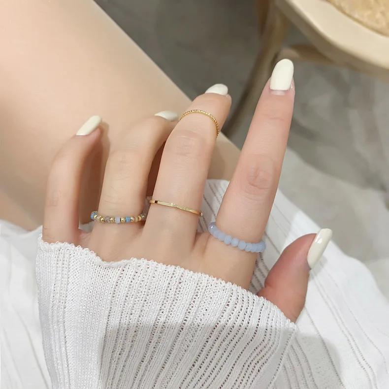 Ring Set 4 Pieces Colorful Crystal Bead Stackable Vintage Adjustable Band for Women Daily Classic Elegant Lightweight Durable