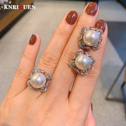 KNRIQUEN New White Fresh Water Pearl Rings Lab Diamond Stud Earrings for Women Wedding Party Fine Jewelry Set Anniversary Gift
