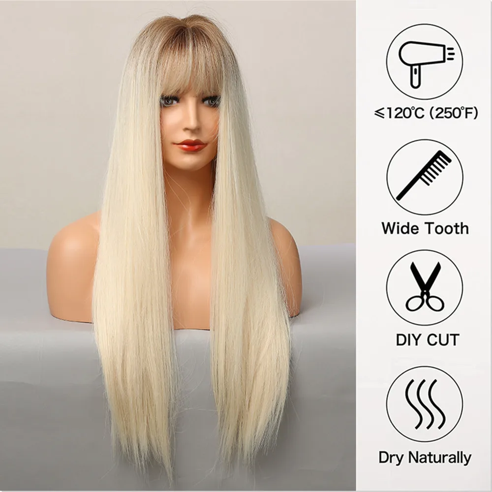 ALAN EATON Blonde Straight Synthetic Wigs Long Ombre Dark Roots Wigs Smooth Blonde Hair with Bangs Natural Looking Daily Party