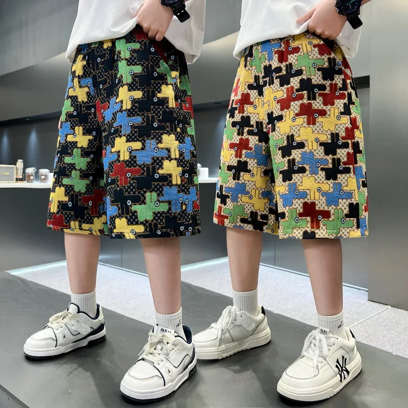 New Summer Teenage Kids Loose Shorts with Cute Pattern Boys Fashion Multi-Color Short Pants Children's Streetwear Hip Hop Shorts