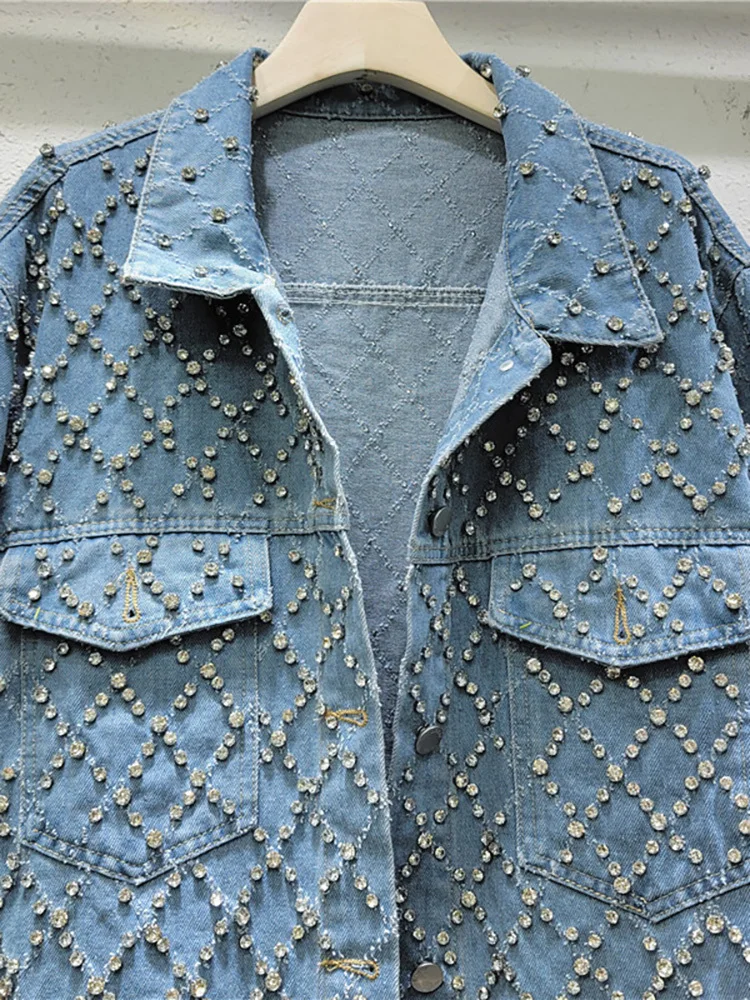 DEAT Women's Denim Coat Blue Long Sleeve Full Diamonds Distressed Jacquard Plaid Jackets 2024 Autumn Autumn New Fashion 29L7709