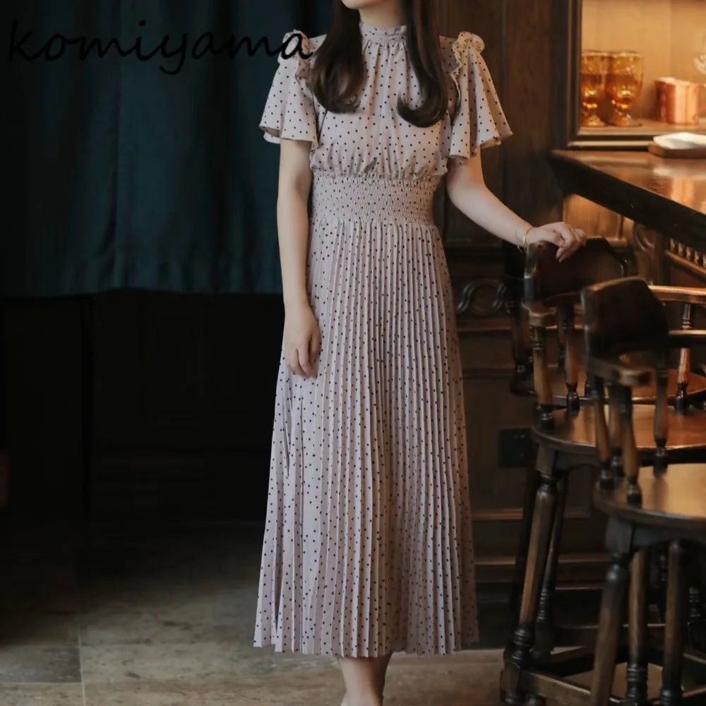 

Dot Print Vestidos High Waist Pleated Woman 2025 Dress Stand Collar Short Sleeve Dresses Summer Robe Japan New Ropa De Mujer
