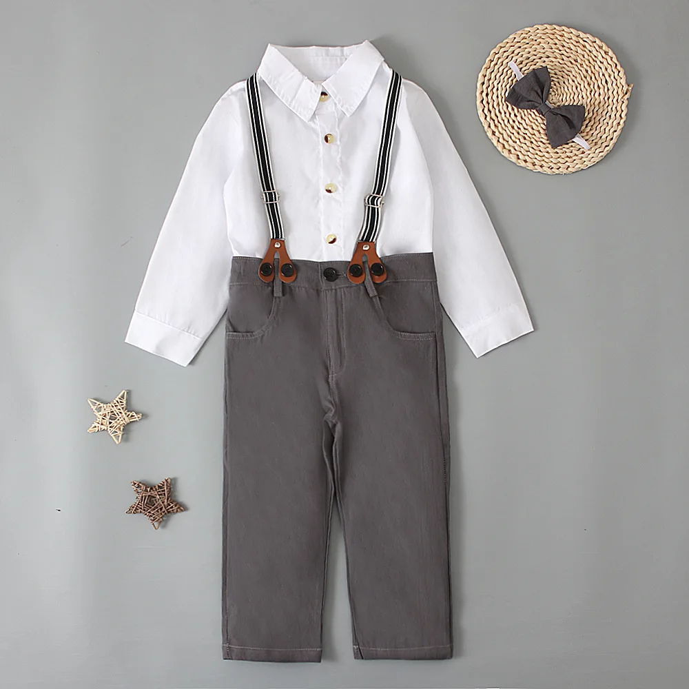 Gentleman Children Boy Clothes Suit Shirt+Pant+Straps+Bow Tie 4Pcs Set Kid Wedding Party Costume Elegant Birthday Baby Boy A1124