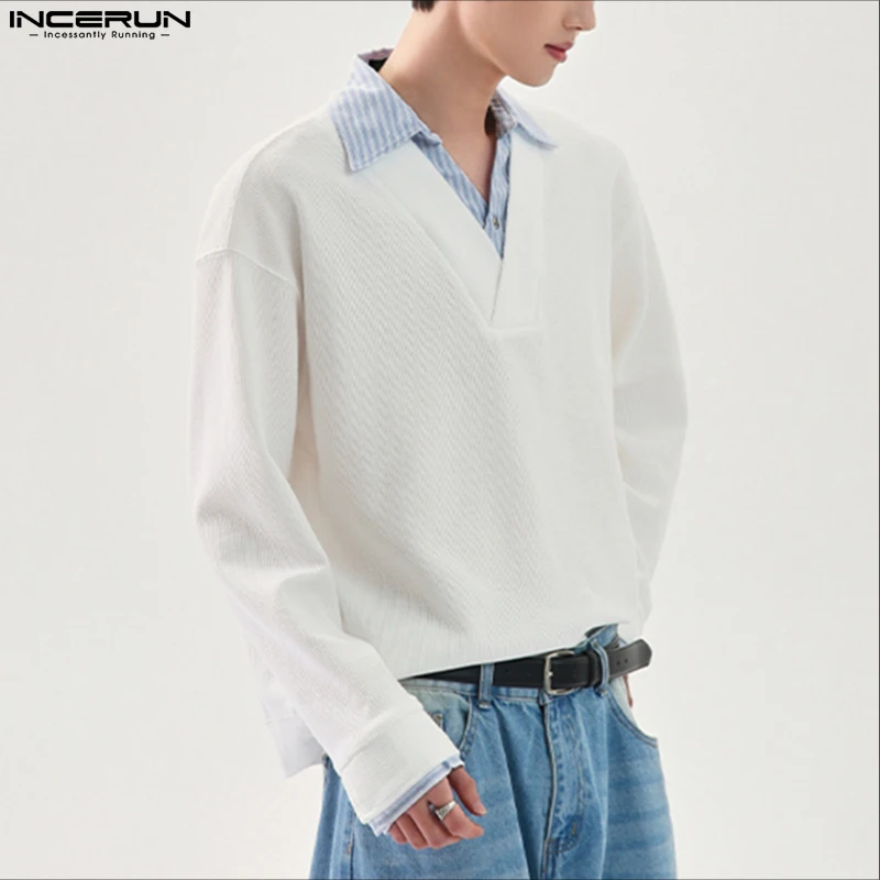 

INCERUN Men Shirt Patchwork Lapel Long Sleeve Korean Style Casual Men Clothing Streetwear Loose Fashion Male Shirts S-5XL 2025