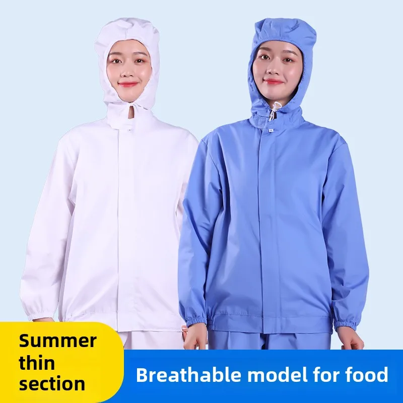 Workshop work clothes, white hooded long sleeved workwear, pharmaceutical and food factory work protective clothing