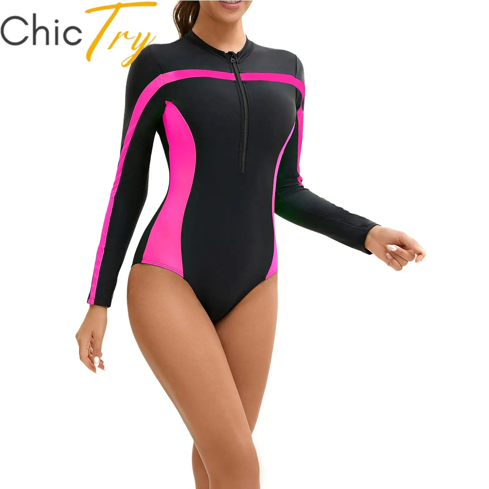 

Womens Swim Leotard Color Block Modest One-piece Athletic Swimsuit Long Sleeve Front Zip Rash Guard Swimwear Bathing Suit