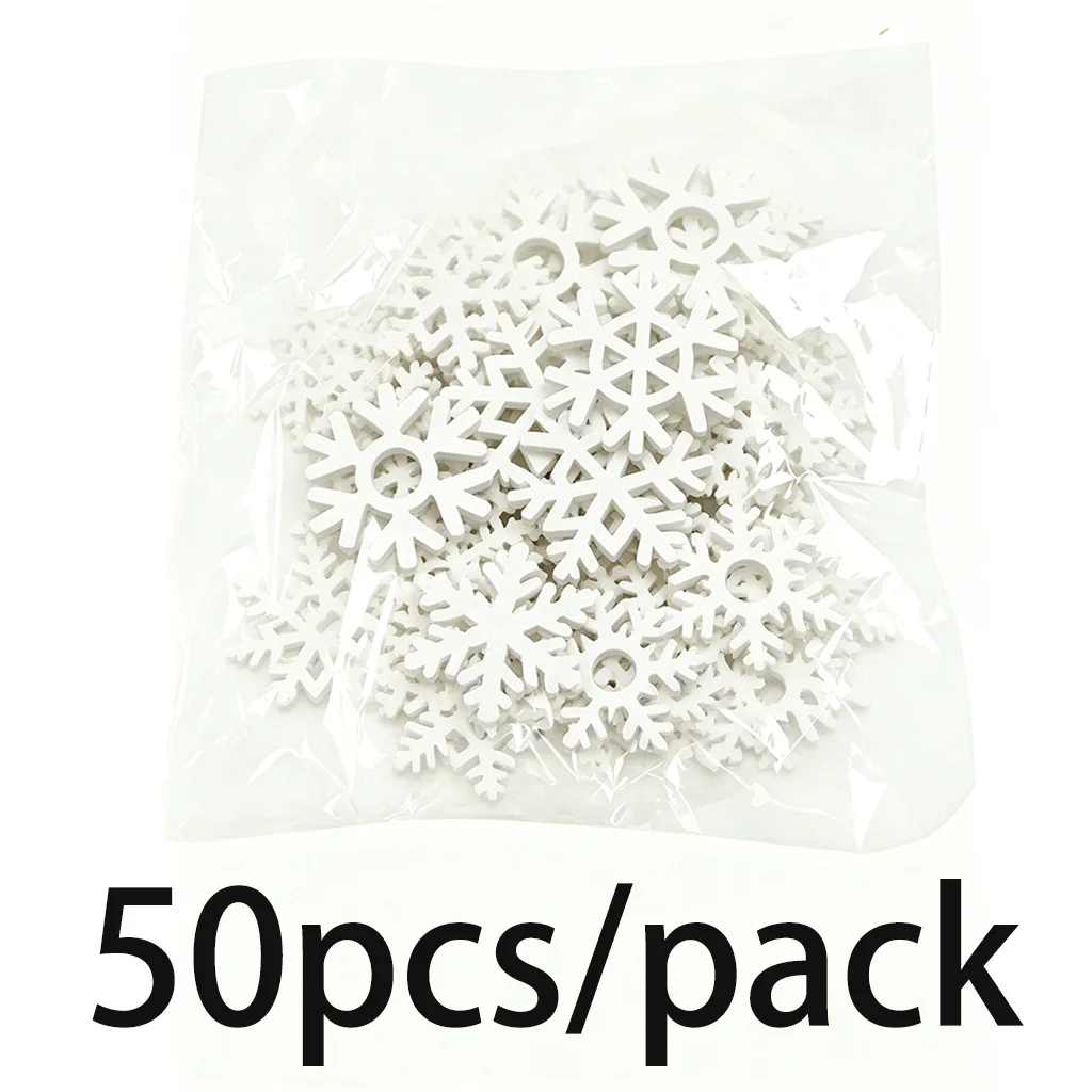 (50pcs/pack) 35mm White Mix Shape Wooden Snowflakes Christmas Ornaments Christmas Tree Pendants New Year Decorations For Home