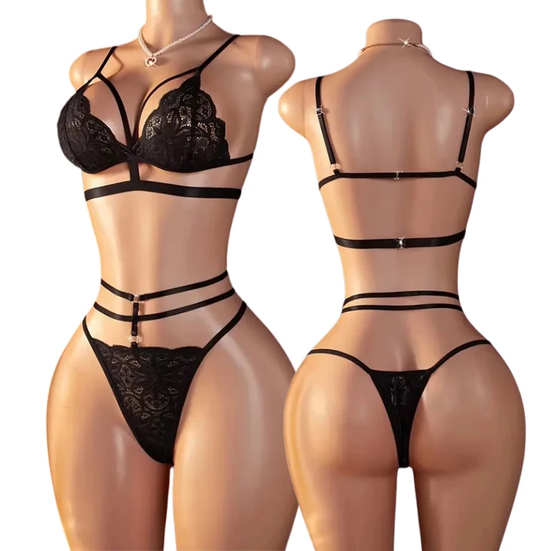 S- XXL Women's Sexy Contrast Lace Single-Layer Mesh Bra with Sheer See-Through Design and Elastic Straps Lingerie Set