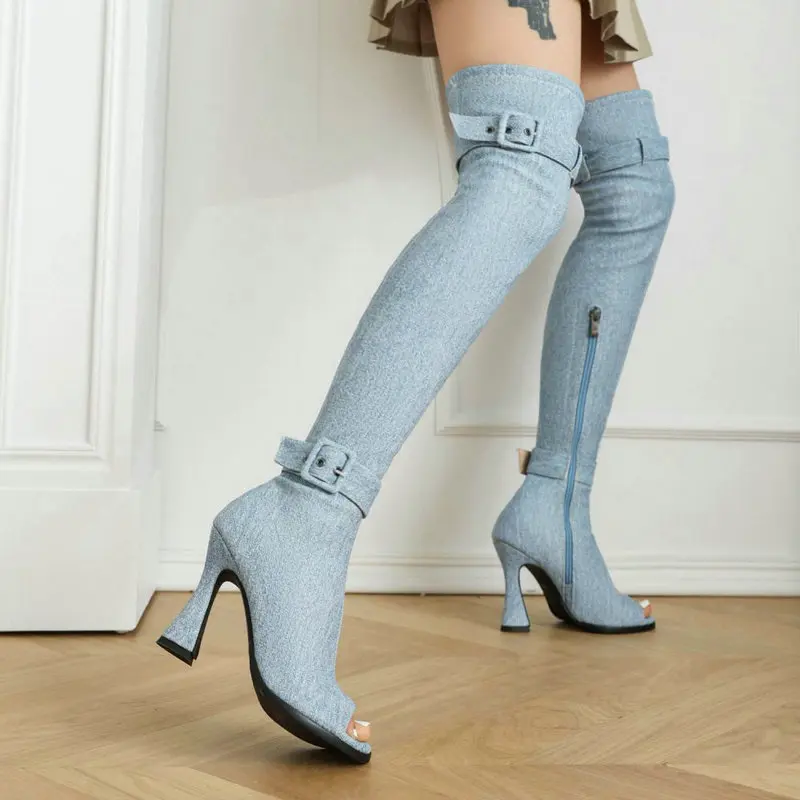 Sexy Blue Denim Jeans Peep Toe Buckle Belt Designer Women Overknees Big Size  45 46 Thigh High Over-the-knee Long Shoes Boots