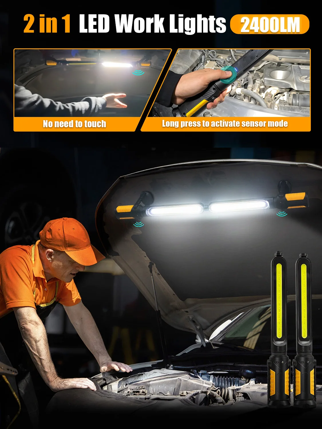 LED Work Light For Mechanic, 2400LM Ultra-Bright LED Floodlight, Work Light, With Semsor Cotrol And Hooks, 3 Light Modes
