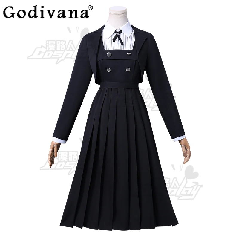 

Pleated High Waist A-line Long Cos Dress Classic Striped Exquisite Simple Bow Tie Shirt Black Versatile Age-reducing Jacket Sets